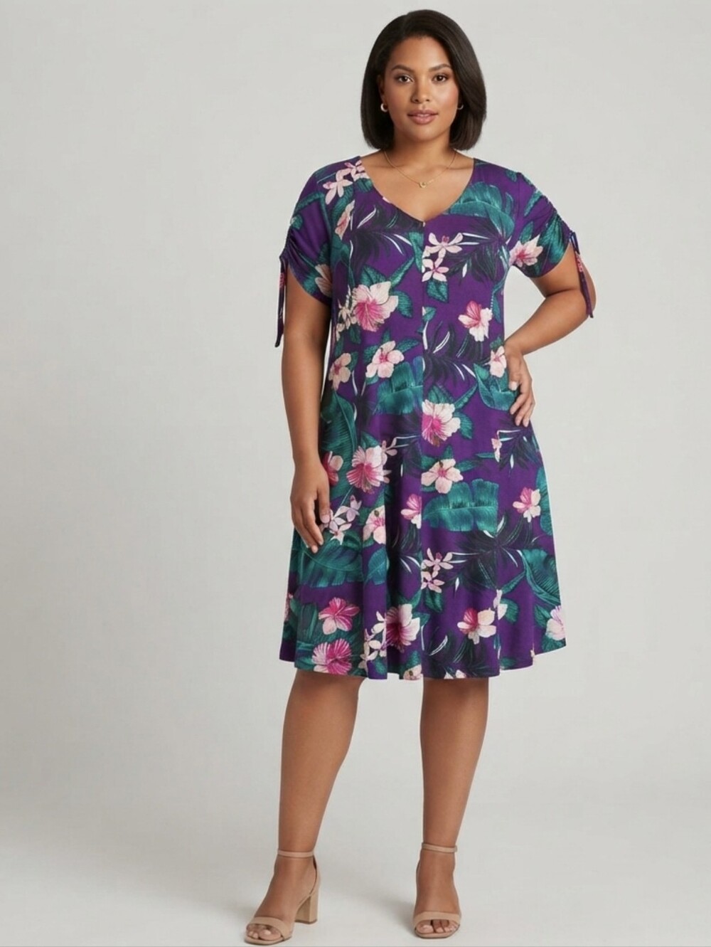George Plus Size Vibrant Floral Tropical Midi Dress - Purple/Green -Plus Size 2X